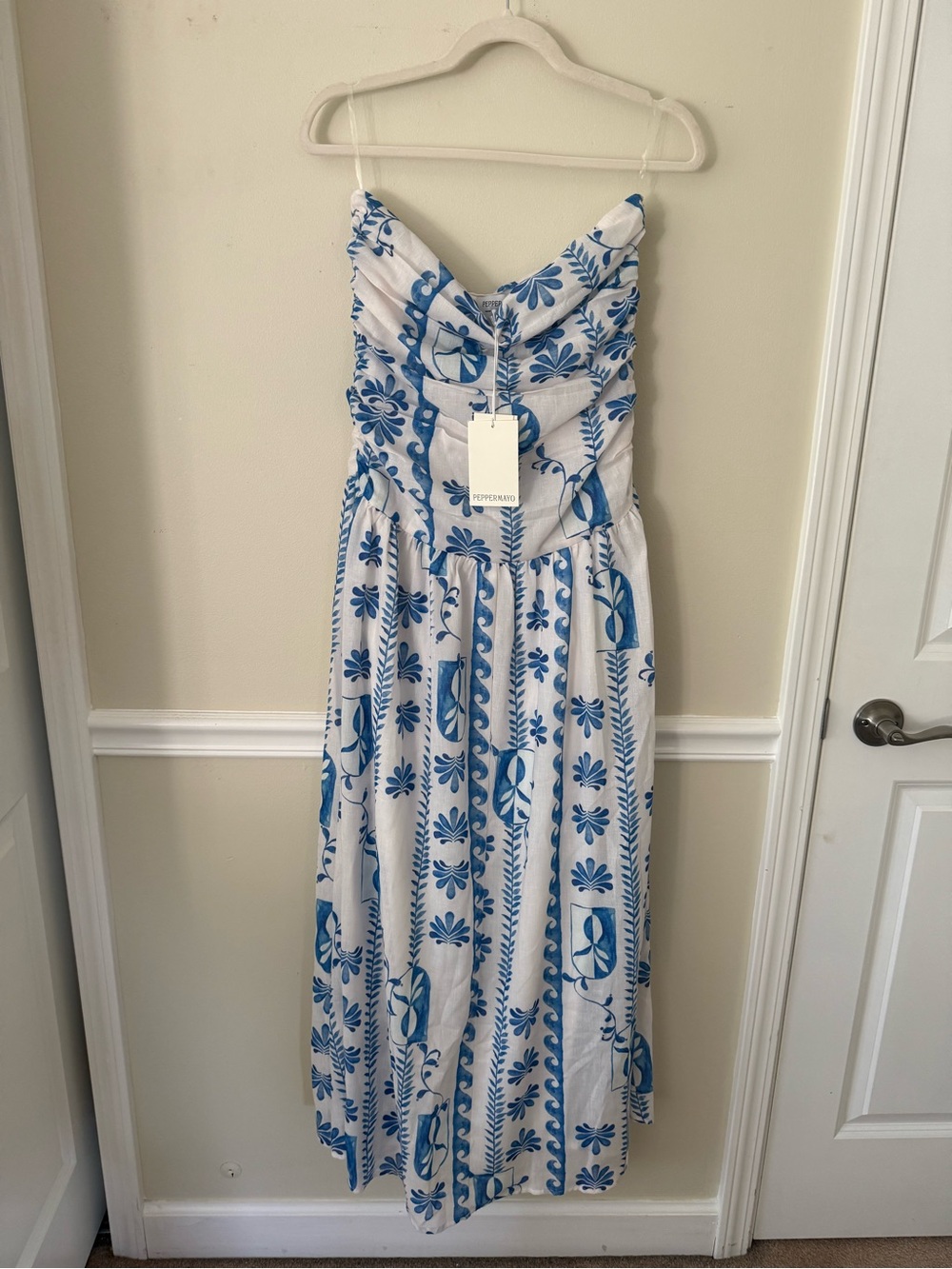 PEPPERMAYO Strapless White and Blue Floral Maxi Dress - Picture 3 of 4